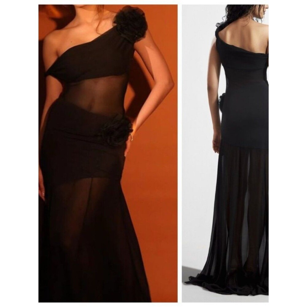 NWT Deme by Gabriella Gown Maxi Dress Black Abby One Shoulder Rosette Sheer XL